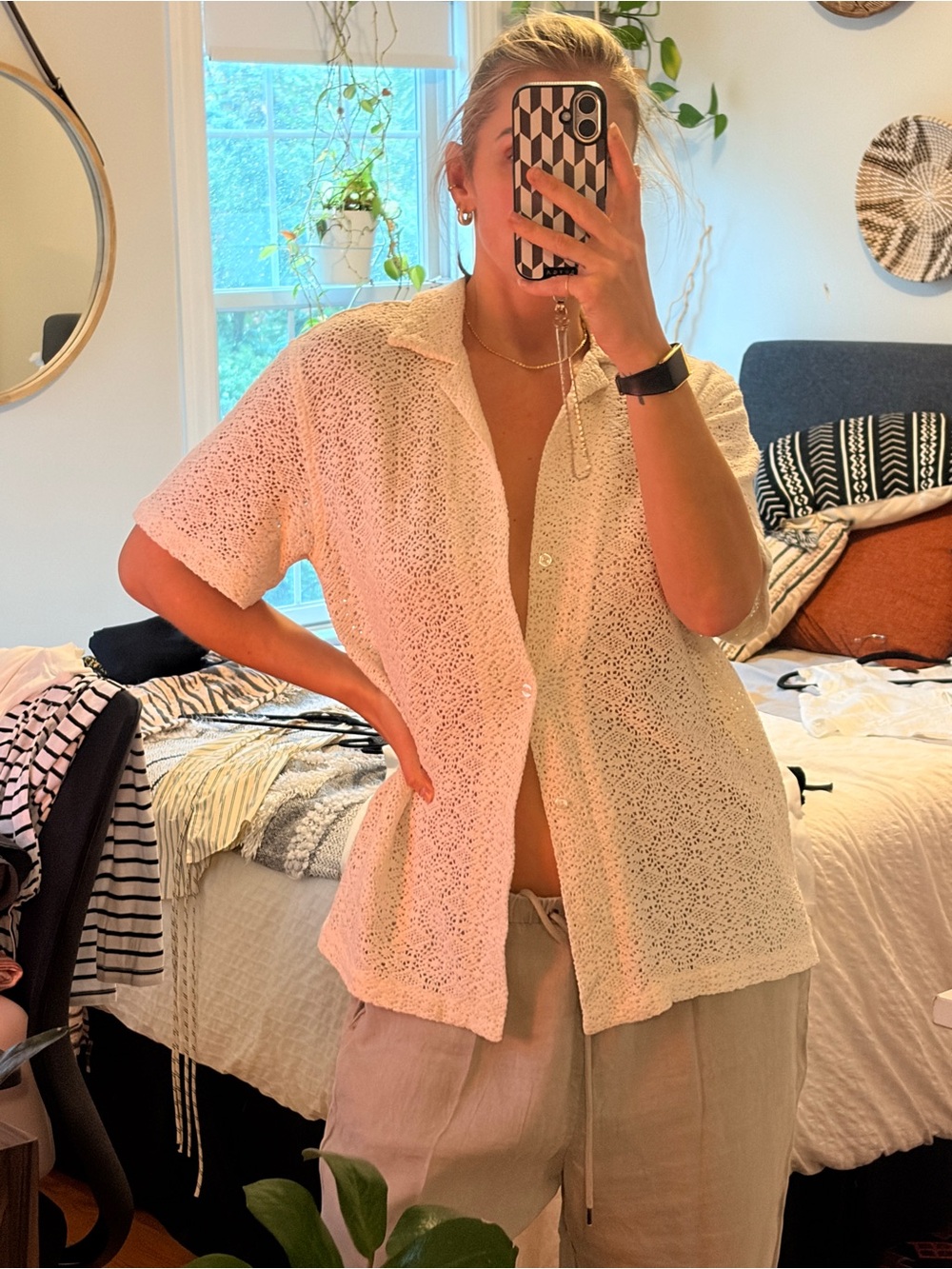 Saturdays New York City Cream Crochet Button-Down Shirt